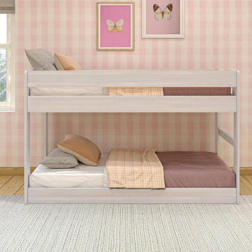 2BOXS Max & Lily Modern Farmhouse Low Bunk Bed, Twin-Over-Twin Bed Frame For Kids, White Wash