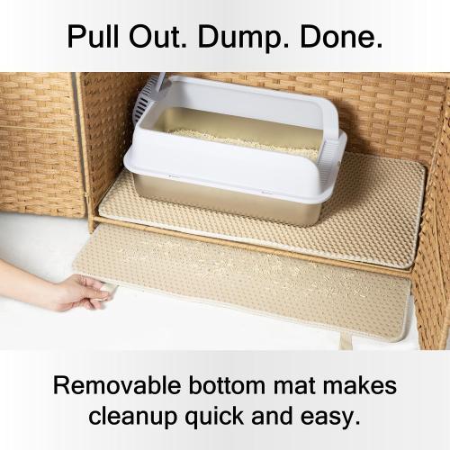 Furriends Cat Litter Box Enclosure with 2 Mats, Handwoven Rattan Hidden Litter Box Furniture Large 30.3”L x 18.2”W x 24.2”H, Double as Indoor Cat House or Side Table for Living Room Hallway, Tan