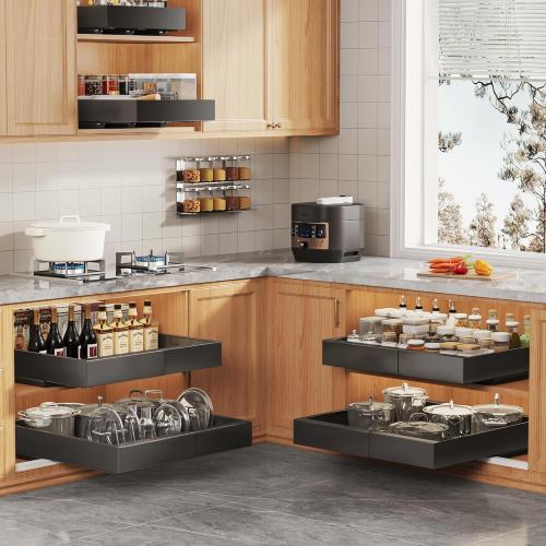 4Pack Expandable Pull Out Cabinet Organizer 21Deep With Raising Pad for Framed Cabinets,Slide Out Drawers with 4pcs Divider Racks,Roll Out Shelves Adhesive,Adjustable Width 12.05-20.4Black