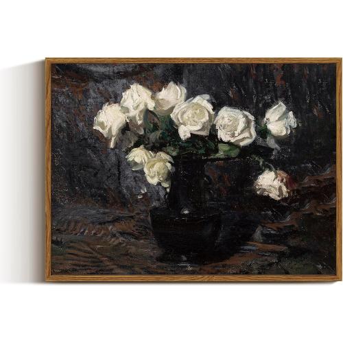 VIYYIEA Framed Canvas Wall Art Home Decor Vintage Botanical Prints White Roses in Vase Rustic Farmhouse Flower Wall Decor Mid Century Pictures Art Prints Floral Room Decor for Living Room 24 x 36