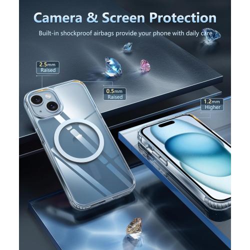 FNTCASE for iPhone 15 Case Clear: iPhone 14/13 Case Magnetic Phone Cases with Screen Protector Compatible with Magsafe Slim Anti Yellowing Rugged Protective Transparent Cell Cover (A-Clear)