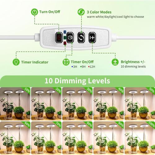 2 Pack Brightown Plant Grow Light, LED Growing Light for Indoor Plants, 2 Head 96 LED Adjustable Height Growing Lamp with Timer, 3 Dimmable Brightness Levels, Low Safe Voltage, Perfect for Small Plants