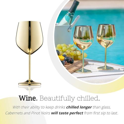 Color Gold Gusto Nostro Stainless Steel Wine Glass - 18 oz Unbreakable Gold Wine Glasses for Travel, Camping and Pool - Fancy, Unique and Cute Portable Metal Wine Glass for Outdoor Events, Picnics (Set of 2)