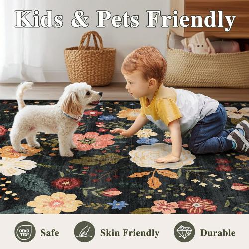8x10 Washable Area Rug for Living Room, Floral Non-Slip Non-Shedding & Easy Care Black Green Large Soft Low Pile Indoor Floor Carpet for Living Room Bedroom Farmhouse Dining Room Kids Playroom