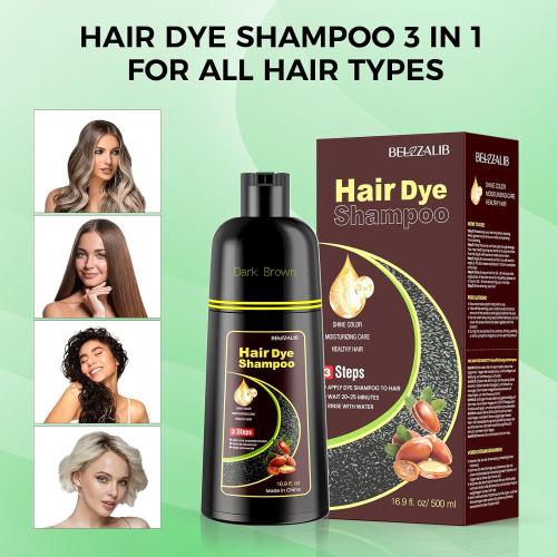Dark Brown Hair Dye Shampoo for Woman & Man, Argan Hair Color Shampoo 3 in 1, Semi-Permanent Gray Hair Coverage, Mild Formula, Lasts 30 Days(16.90 oz)