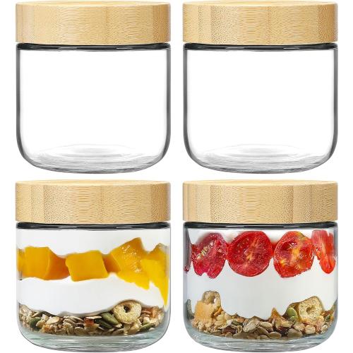 Set of 4 NETANY 4-pack 10oz Glass jars with Airtight Lids, Overnight Oats Containers with Bamboo Lids, Wide mouth Mason Salad jars, Glass Food Storage Containers for Snacks Yogurt Spice Sugar