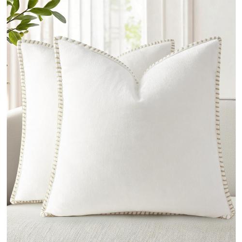 decorUhome Spring Chenille Soft Cozy Throw Pillow Covers 22x22 Set of 2, Modern Farmhouse Boho Velvet Decorative Euro Sham Pillow Cases with Stitched Edge for Couch Sofa Bed Home Decor, Cream White