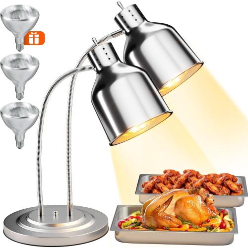 PYY Commercial Food Warmer - 2-Head Electric Heating Lamp, 500W Stainless Steel Catering Food Warming Lamp for Restaurant Kitchen, Cafeteria