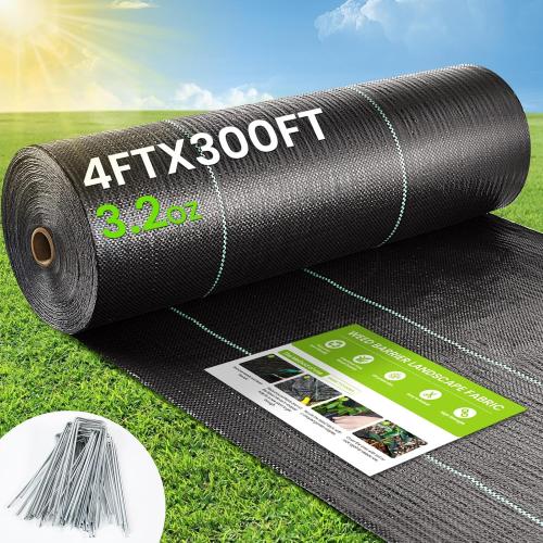 Weed Barrier Fabric, 4x300ft Landscape Fabric, 3.2oz Heavy Duty Durable Woven Geotextile Fabric, High Permeability Ground Cover Mat, Driveway Fabric, Garden Weed Control Cloth with 20 U-Securing Pegs