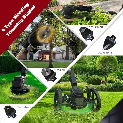 Electric Weed Wacker Eater Cordless, Weed Wacker Battery Powered, Weed Trimmer with 2 21V/2Ah Battery Operated & 25 Blades & Wheels, No-String Grass Trimmer/Brush Cutter/Edger for Garden Yard