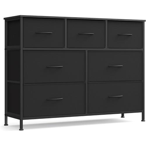 7 Drawer Closet Organizer Chest, Fabric Storage Tower with Sturdy Steel Frame, Wooden Top & Easy Pull Fabric Bins, Dresser for Bedroom Living Room Entryway Clothes Organization, Black