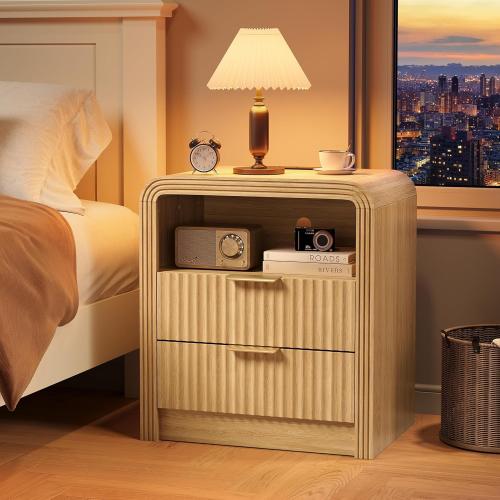 Size 19.7 Color brown Fluted Nightstand with Charging Station, 19.7'' Wide Morden End Table with USB/Type-C Ports, 2 Drawers & Open Shelf, Curved Profile Design, Wood Bedside Table for Bedroom (Natural Oak)