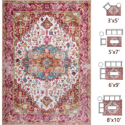 Large Area Rug for Living Room, Machine Washable Vintage Rugs -Low Pile Carptet, Soft Distressed Floral Rugs for Kitchen, Dining Room, Bedroom, Plum