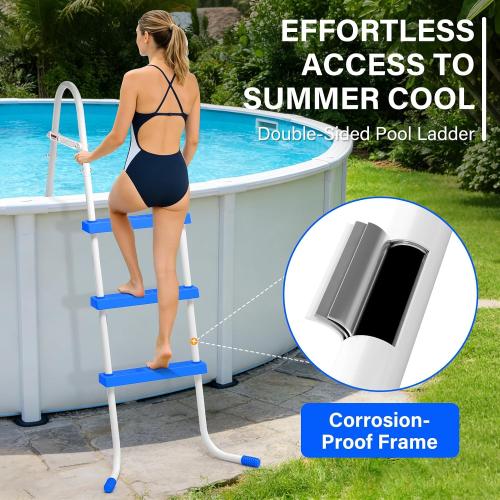 Heavy Duty Steel Frame Swimming Pool Ladder for Above Ground Pools, 3-Step Double-Sided Pool Stairs for 42 Height Pools, 450lbs Capacity with Anti-Slip Rubber Feet & Wide Steps