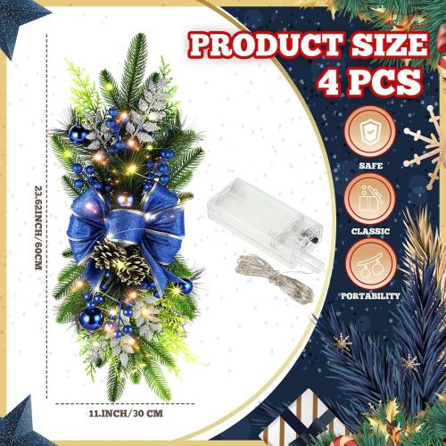 Lyrow 4 Pack Christmas Artificial Swags 24 Xmas The Cordless Prelit Stairway Swag Teardrop Trim Wreath Door Stair Garland Christmas Decoration for Outdoor Home Garden Decor(Blue,Novel Style)