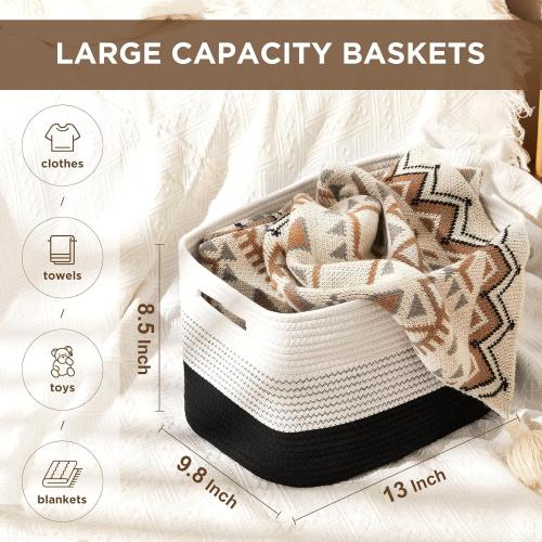 Temary Woven Storage Baskets, Set of 4 Rope Baskets for Storage Clothes, Towels, Versatile Boho Storage Bins (White&Black