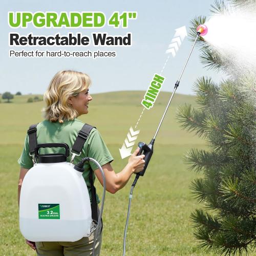 Battery Powered Sprayer 3.2 Gallon, Backpack Sprayer with 3 Adjustable Forces, Battery Indicator, 5 Mist Nozzles, 41 Retractable Wand, USB Rechargeable Garden Sprayer for Weed Lawn Yard
