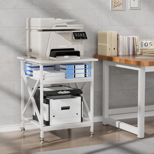 Ollieroo 3 Tier Printer Stand, Large Table with Wheels, Rolling Cart with Height Adjustable Middle Storage Shelf, 23.6 x 23.6 x 30.3 Inches Shelf for Home Office, White
