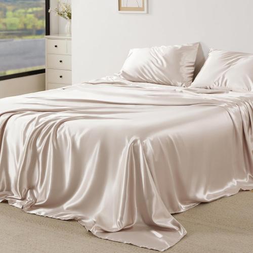 Bedsure Satin Sheets Full Size - 4 Piece Silky Bedsheets with 15 Inches Deep Pocket Fitted Bedsheet,1 Flat Sheet, 2 Satin Pillowcases, Good for Hair & Skin (Full, Beige)
