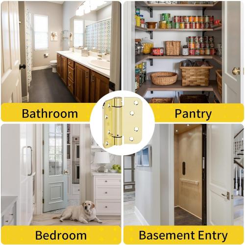 2 Pack Self Closing Door Hinges, 4 Inch Spring Loaded Door Hinges for Garage, Front, Back Door, Left/Right Hand, Adjustable Tension, 5/8'' Radius Corners, UL Listed, Gloden