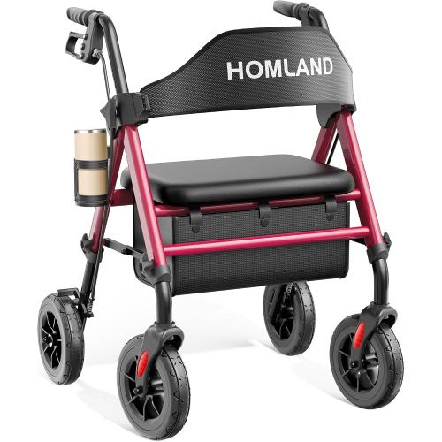HOMLAND Walkers for Seniors with Seat, Foldable Rollator Walker, Reinforced Aluminum Frame, 8 Big Rubber Wheels for All Terrain, Height Adjustable Lightweight Rolling Walker