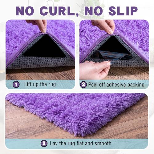 Purple Area Rug for Bedroom, Small 2x3 Rugs for Living Room Nursery Kids Room Dorm Home Decor Aesthetic, Fluffy Shaggy Rug with 4 Anti-Slip Carpet Tapes