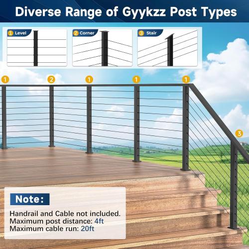 36 Cable Railing Post, Fixed Top Level Drilled Line Post with Cable Grommets, Stainless Steel Black Powder Coated Finish Handrail Post, Heavy-Duty Wire Railing Post for Wood/Concrete Deck