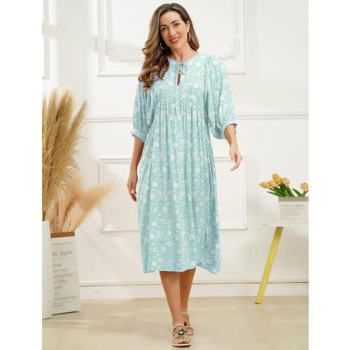 Size L....Boho Dress for Women, Lantern Sleeve V Neck Floral Midi Dress Loose Ruffle A Line Flowy Casual Summer Long Dress