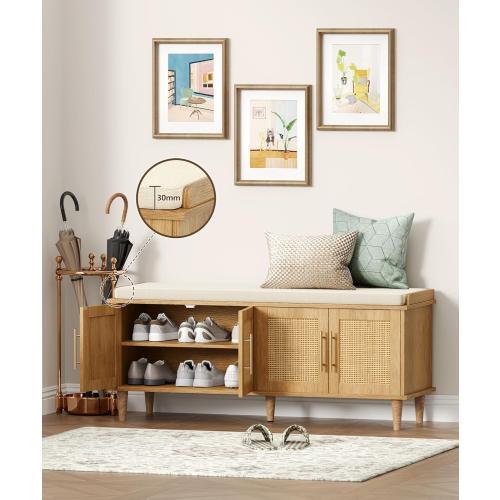 Akxomel Rattan Shoe Storage Bench with Cushion, 2-Tier Entryway Bench with Adjustable Shelves and 4 Doors, Solid Wood Legs, for Hallway, Living Room, Bedroom, Natural Oak *DAMAGED BOX*