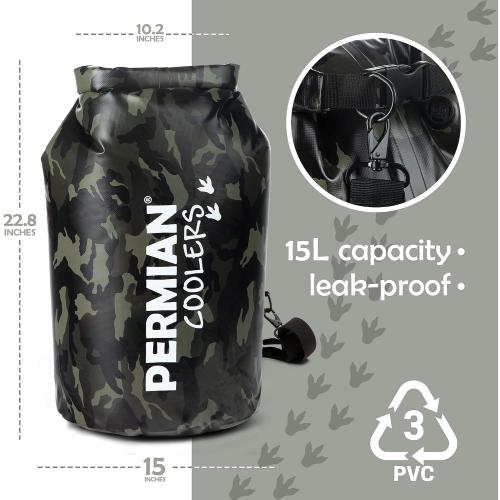 PERMIAN Portable Cooler Bag Roll Top, Green Camouflage, Insulated Improved Liner, 15L Foldable Waterproof Dry Bag for Boating