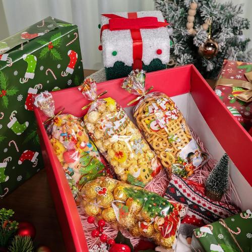 50Pcs Christmas Cellophane Treat Bags - Santa Claus Goodie Candy Xmas Clear Cello Bags Twist Ties for Winter Holiday Christmas Theme Party Favor Supplies, 4 Styles