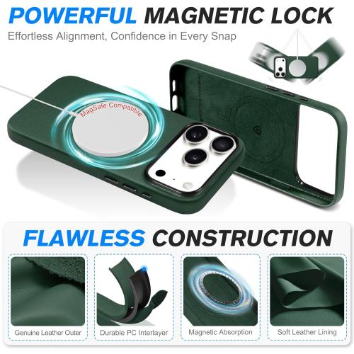 SHIELDON Genuine Leather Case for iPhone 17 Pro Max 6.9 2025 | [Camera Button Updated], Compatible with Magsafe, Magnetic Wireless Charging, Slim Fit, Shockproof, Protective Phone Cover - Evergreen