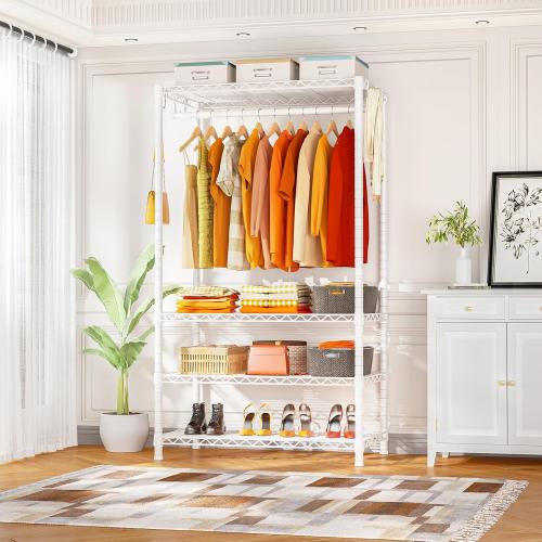 Ulif H4 Portable Closets, 4-Tier Metal Clothes Garment Rack for Bedroom and Cloakroom, Clothing Closet Storage and Organizer Wardrobe, 35.4 W x 14 D x 76.4 H, White