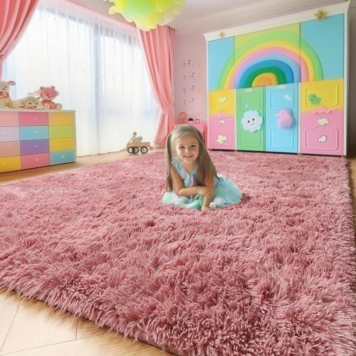 Amdrebio Blush Pink Area Rugs for Girls Bedroom, Fuzzy Furry Fluffy Kawaii Rugs for Kids Room Playroom, Shaggy Small Fur Plush Shag Carpet for Nursery Dorm Classroom, Cute Dusty Rose Mauve Rug 4x6