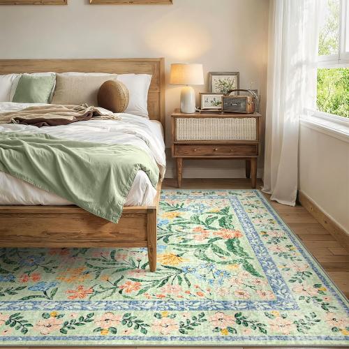 Wonnitar 10x14 Machine Washable Area Rugs, Green Floral Large Rugs for Living Room, Ultra-Thin Foldable Boho Flower Print Bedroom Carpet for Dorm Apartment Office