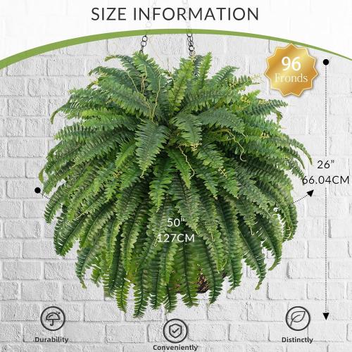 50 Artificial Boston Ferns, Fake Bush Plants, Large Faux Ferns with 96 Fronds for Outdoors Home Decor