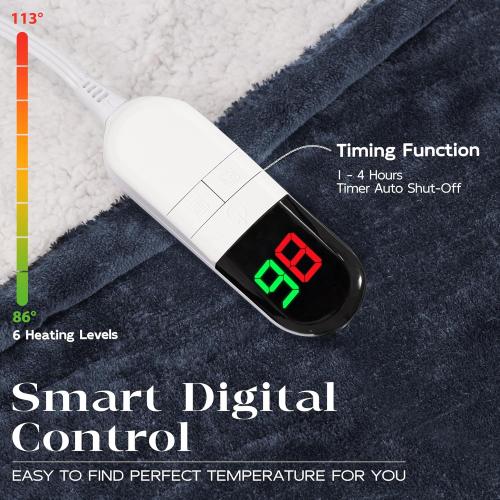 Heated Blanket Twin 62×84 - Premium Cosy Soft Electric Blanket with 6 Heating Levels,Fast Heating Flannel Sherpa Machine Washable Blanket for Bed & Couch - Auto Shut Off(Navy Blue)