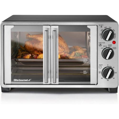 Elite Gourmet ETO2530M Double French Door Countertop Toaster Oven, Bake, Broil, Toast, Keep Warm, Fits 12 pizza, 25L capacity, Stainless Steel & Black