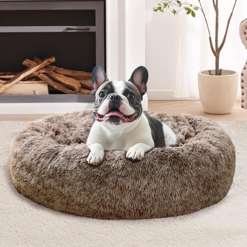 JOLLYVOGUE Calming Dog & Cat Bed for Small Dogs, Anti-Anxiety Donut Cuddler Cozy Soft Round Bed with Anti-Slip Bottom, Fluffy Faux Fur Plush Cushion Beds for Small Medium Dogs, 20/Smoke Brown