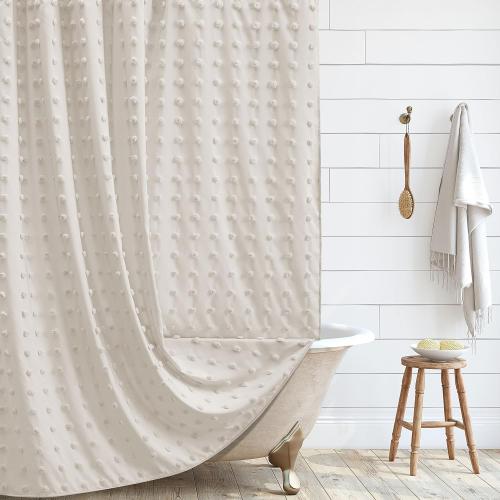 Size 72x72 Color White Boho Farmhouse Beige Shower Curtain, 72 x 72 Tufted Pleat Floral Puffs Textured Modern Farmhouse Minimalist Shower Curtain Set with Hooks for Bathroom