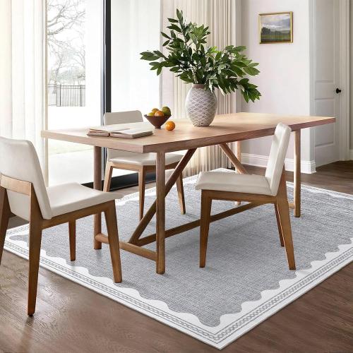 Scalloped Washable Rugs for Living Room, Solid Grey 6x9 Area Rugs for Bedroom Girls, Non Slip Scalloped Rug with Rubber Back, Soft Dorm Nursery 6x9 Rugs for Dining Room