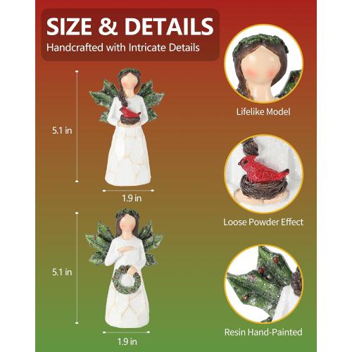 GoGnome Set of 2 Sparkling Christmas Angel Figurines with Glitter Wings and Festive Accents - 5.1'' Ornaments Perfect for Holiday Decor Christmas Decorations (Xmas Angels)