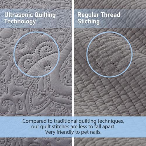 Qucover California King Bedspreads 128x120, Soft Microfiber Ultrasonic Lightweight Dark Grey Oversized King Quilt, 3 Piece Reversible Paisley Pattern Cal King Quilt Set, Grey