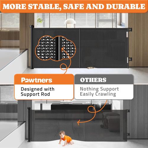 Upgrade Retractable Baby Gates, 35 Tall Extends up to 60 Wide, Mesh Dog Gate Indoor for Stairs, Outdoor Reinforced Pet Gate with Support Rods for Doorways Hallways Kitchen Bedroom, Black