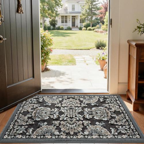 LUMI Indoor Door Mat 36x59, Vintage Non-Slip Washable Thin Entry Mat,Floral | Rubber Backing, Soft Surface, Elegant Pattern, Easy Care, Durable, High Traffic Area (Kids, Dog, Muddy Boots)