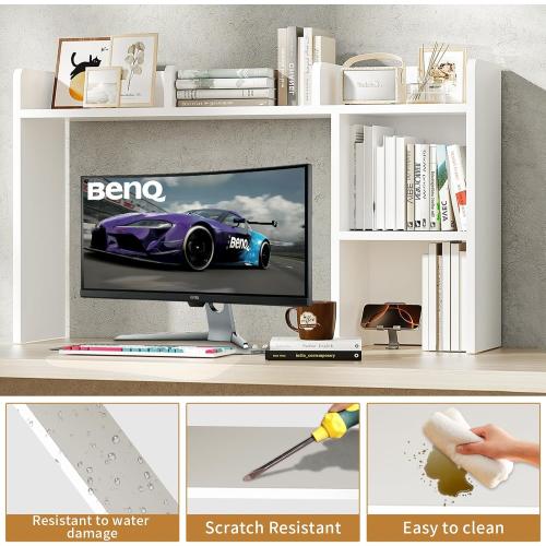 AQQHSAIN Desk Storage Hutch Wooden Desktop Bookshelf Multipurpose Desktop Bookshelf Storage Organizer Countertop Storage Hutch for Computer Desk Book Storage for Dorm Office Home (White)