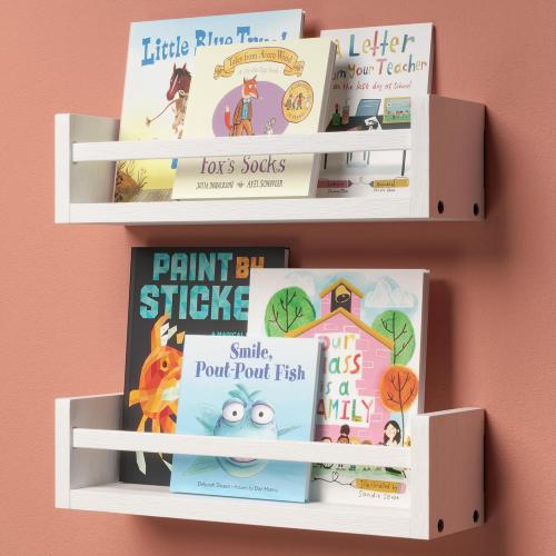 Size 15inch Color White Nursery Book Shelves, 15 Inches Floating Kids Bookshelves for Wall Set of 2, Baby Room Wall Decor, Wall Mounted Wood Shelves for Books, Toys and Wall Storage - White, cute_b