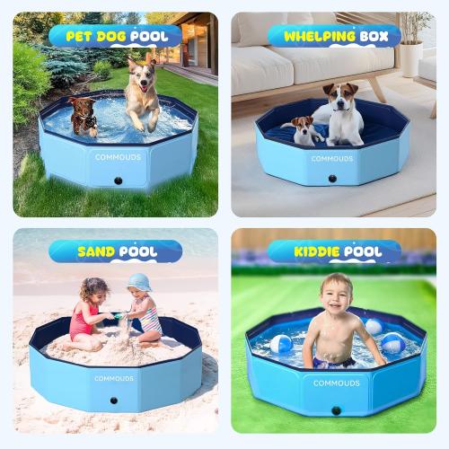 COMMOUDS Foldable Dog Pool, Collapsible Hard Plastic Dog Kiddie Swimming Pool, Portable Pet Bath Tub Wading Pools for Kids and Puppy Small Medium Large Dogs(79inch.D x 16inch.H)