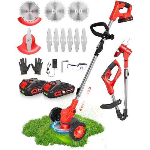 21V Cordless Weed Wacker Battery Operated, 2 X 2.0Ah Electric Weed Eater Battery Powered, 3-in-1 Lightweight Brush Cutter/Grass Trimmer//Lawn Mower with Removable Moving Wheels & 8 Blades