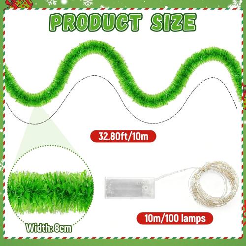 33ft Christmas Tinsel Garland with LED Lights, Lime Green Metallic Foil Glitter Garland & Matching Lights Set for Xmas Tree, Home, Stairs, Indoor Outdoor Party Decor